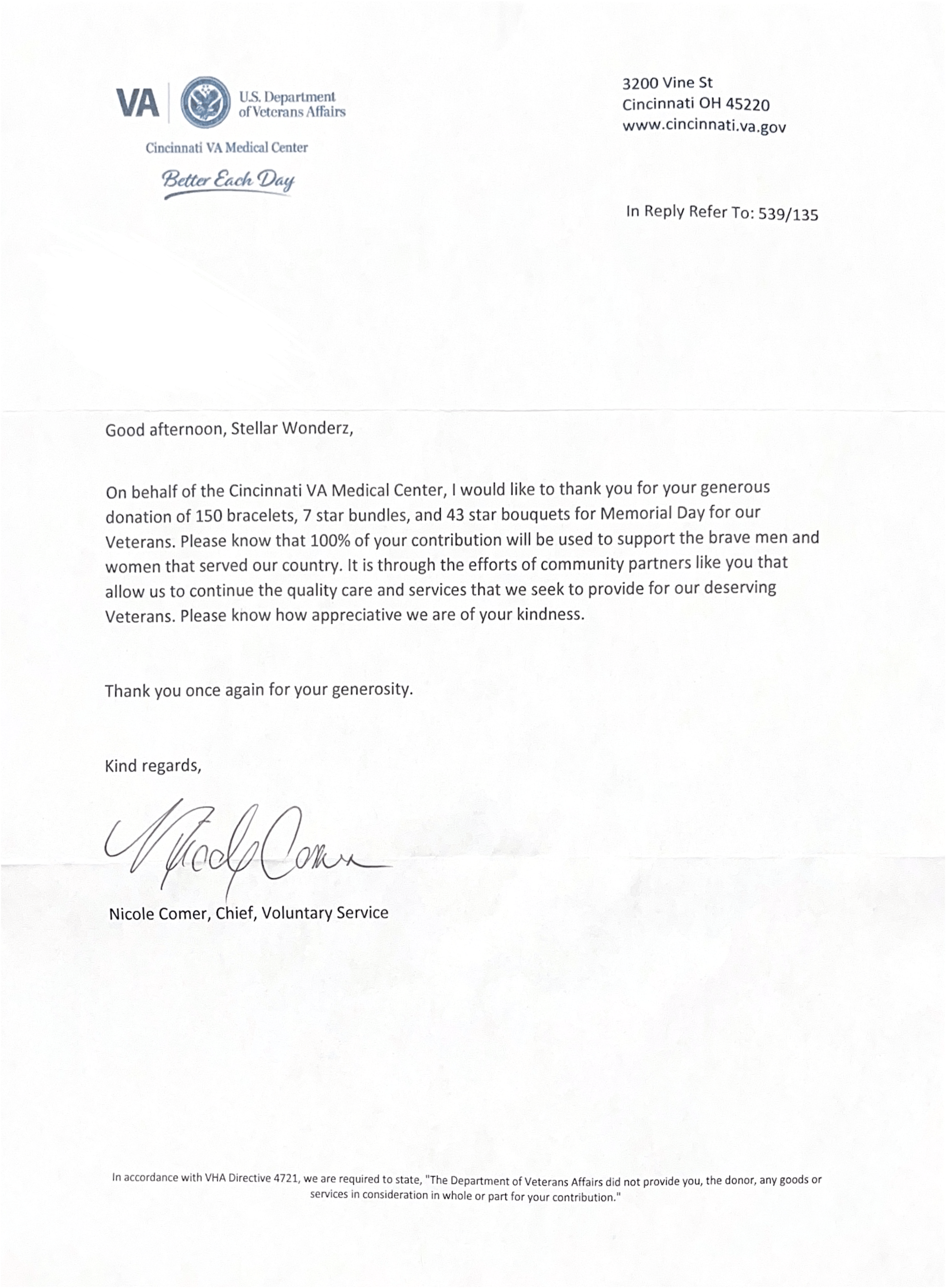 Memorial Day VA Cincinnati Acknowledgement Letter-1